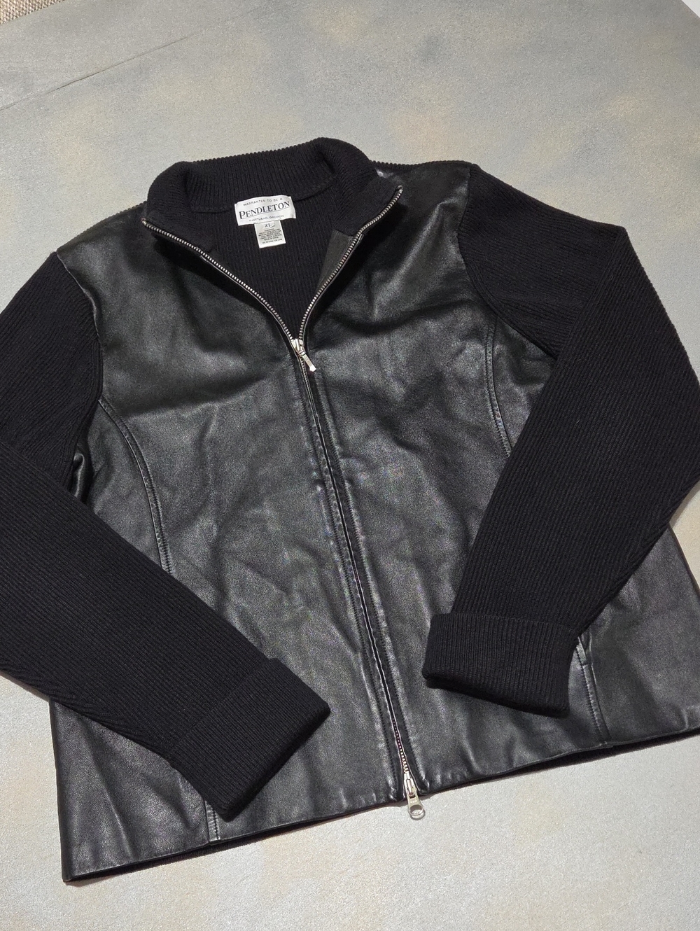 Pendleton Black Leather Front with Knit Sleeves Zip Jacket